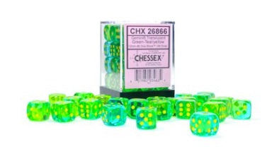 36 12mm Green-Teal/yellow Gemini Translucent d6 Dice CHX26866