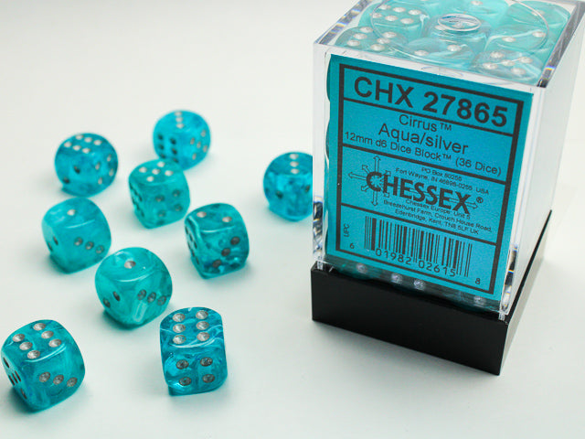 36 Cirrus Aqua/silver 12mm D6 Dice Block - CHX27865