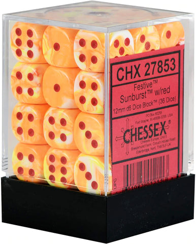 36 Sunburst/Red Festive 12mm D6 Dice Block - CHX 27853