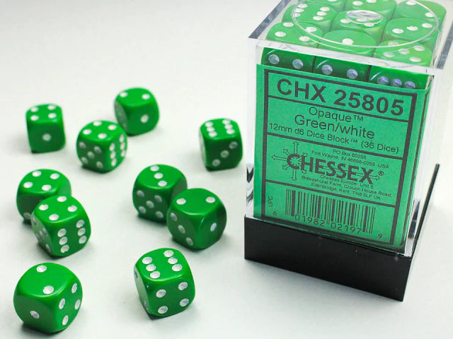 36 12mm Green w/White Opaque D6 Dice - CHX25805