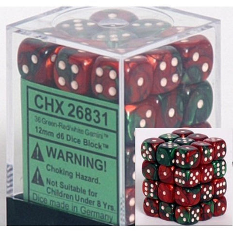 36 Green-Red /white Gemini 12mm D6 Dice Block - CHX26831