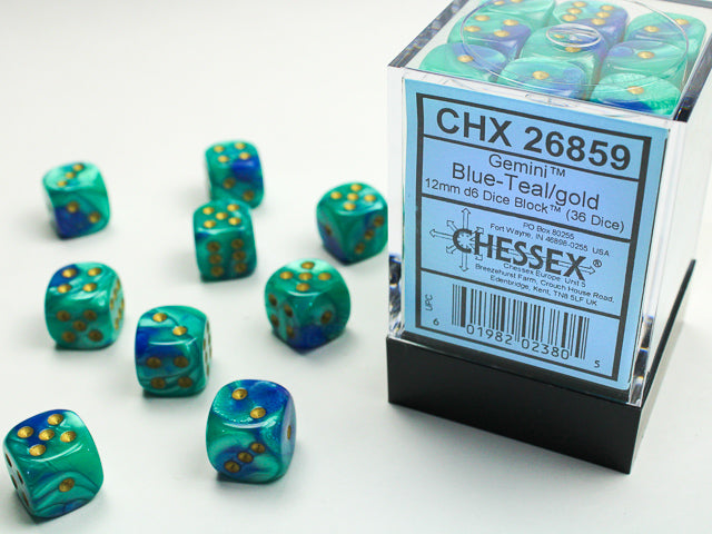 36 12mm Blue-Teal w/Gold Gemini D6 Dice Block - CHX26859