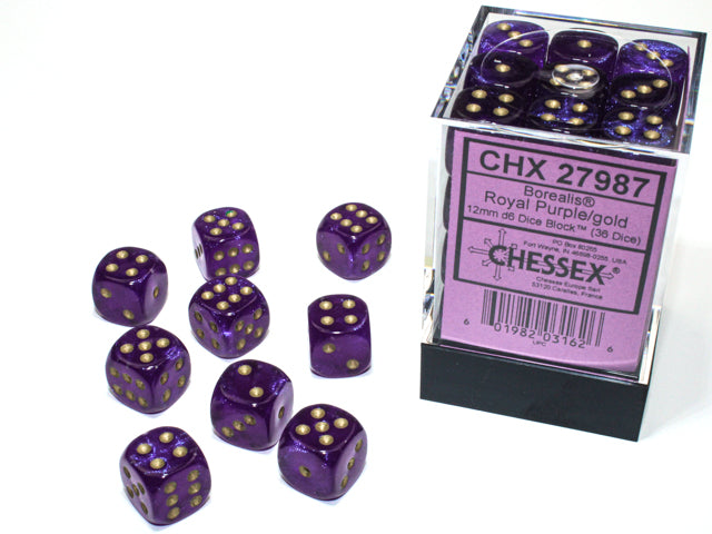 36 12mm Royal Purple w/Gold Borealis Luminary D6 Dice - CHX 27987