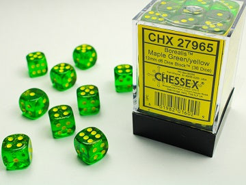 36 12mm Maple Green w/Yellow Borealis D6 Dice - CHX 27965