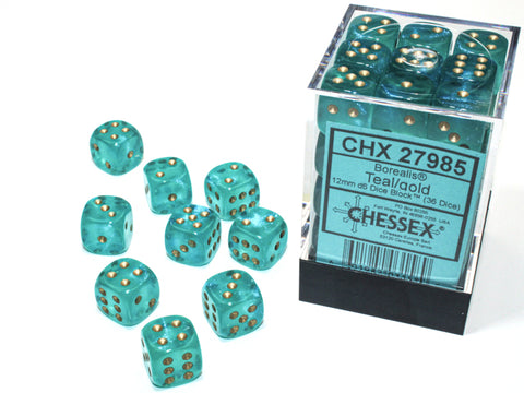 36 12mm Teal w/Gold Borealis Luminary D6 Dice - CHX27985